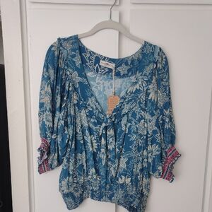 NATURAL LIFE Blue Floral Blouse with Pink Accents